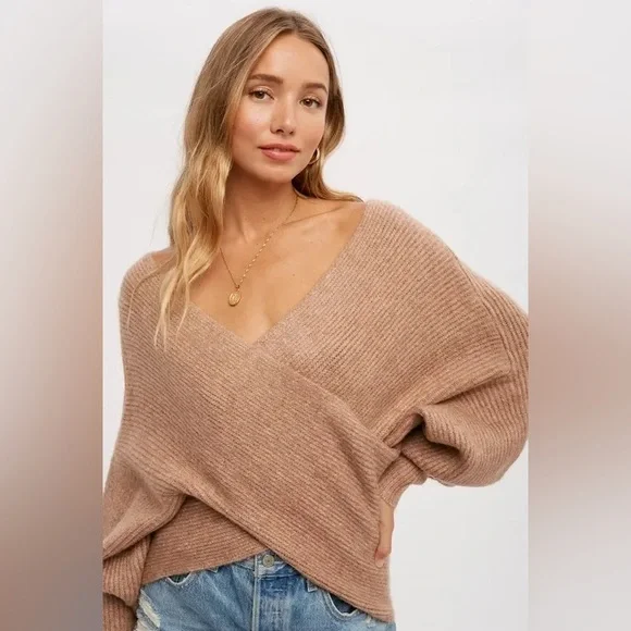 CLEAR OUT!!! Crossover Ribbed Pullover- Latte - Picture 3 of 11